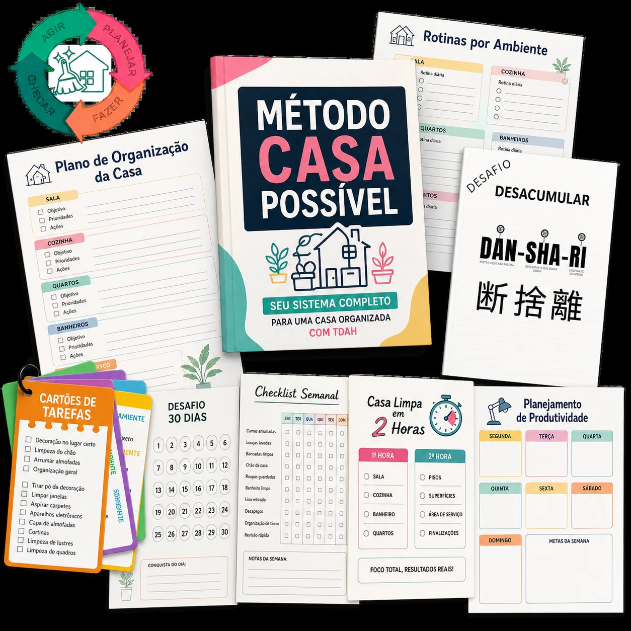 Método Casa Possível com plano visual, rotinas por ambiente, cards e checklists