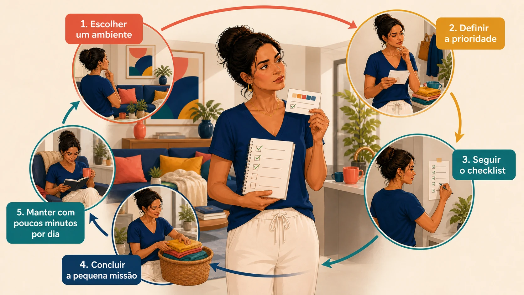Infográfico de cinco etapas para organizar a casa com uma rotina visual